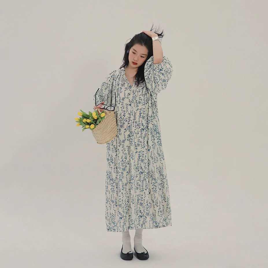 floral vacation dress bubble sleeve V-neck large size long dress women's spring and summer thin lace-up skirt A0355