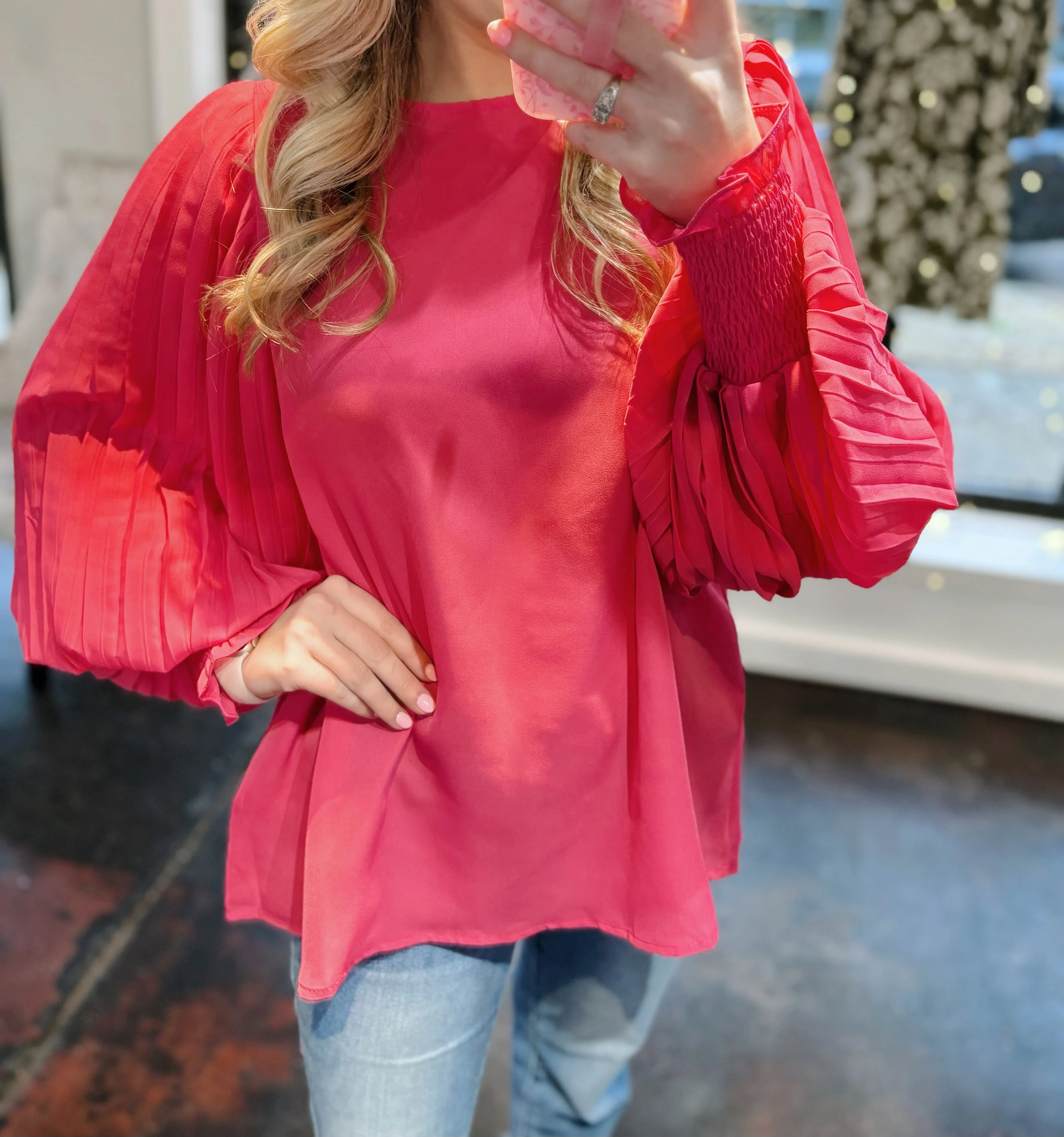 Fushia Pleated Balloon Sleeve Blouse