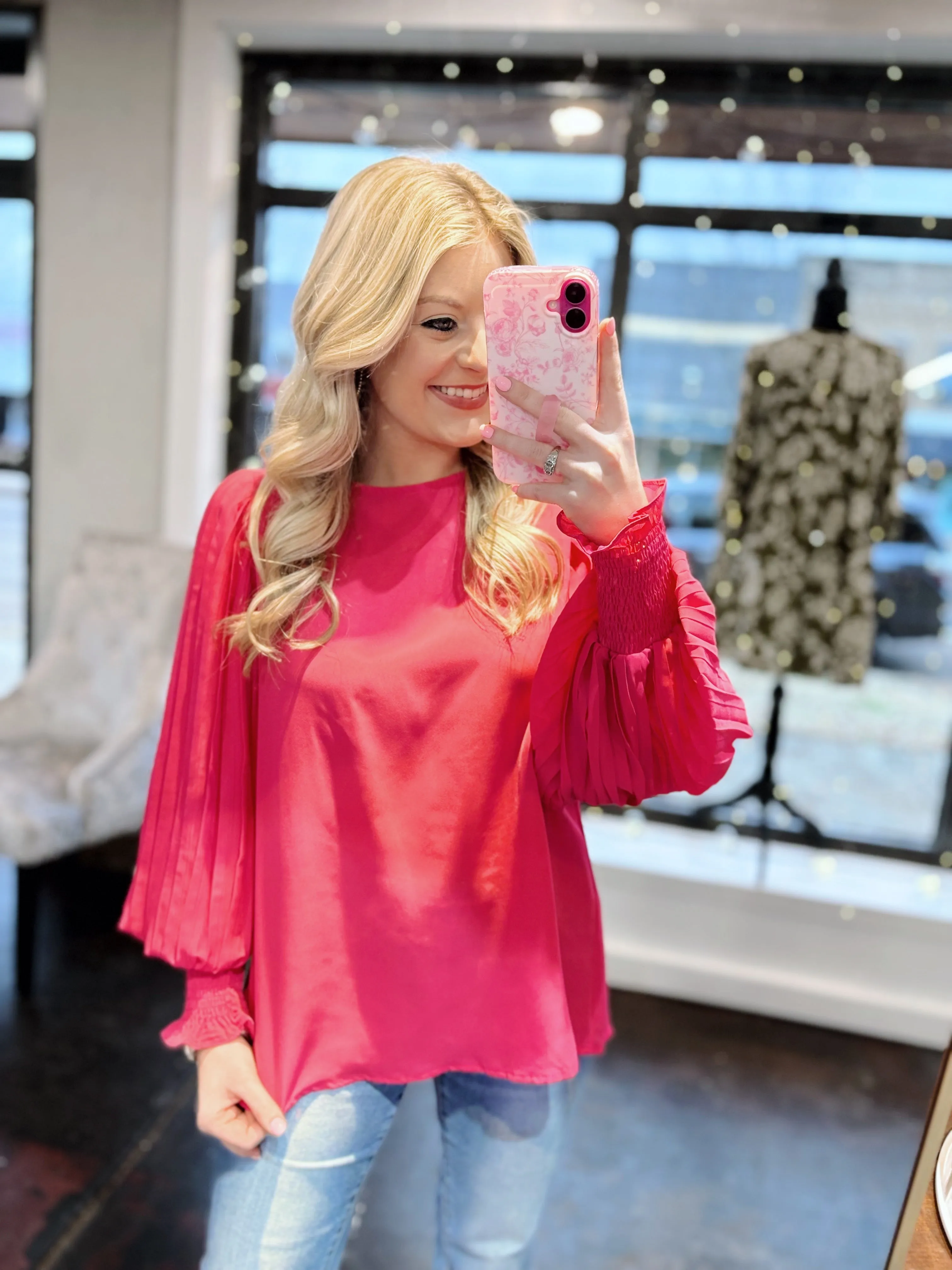 Fushia Pleated Balloon Sleeve Blouse