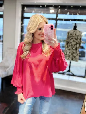 Fushia Pleated Balloon Sleeve Blouse