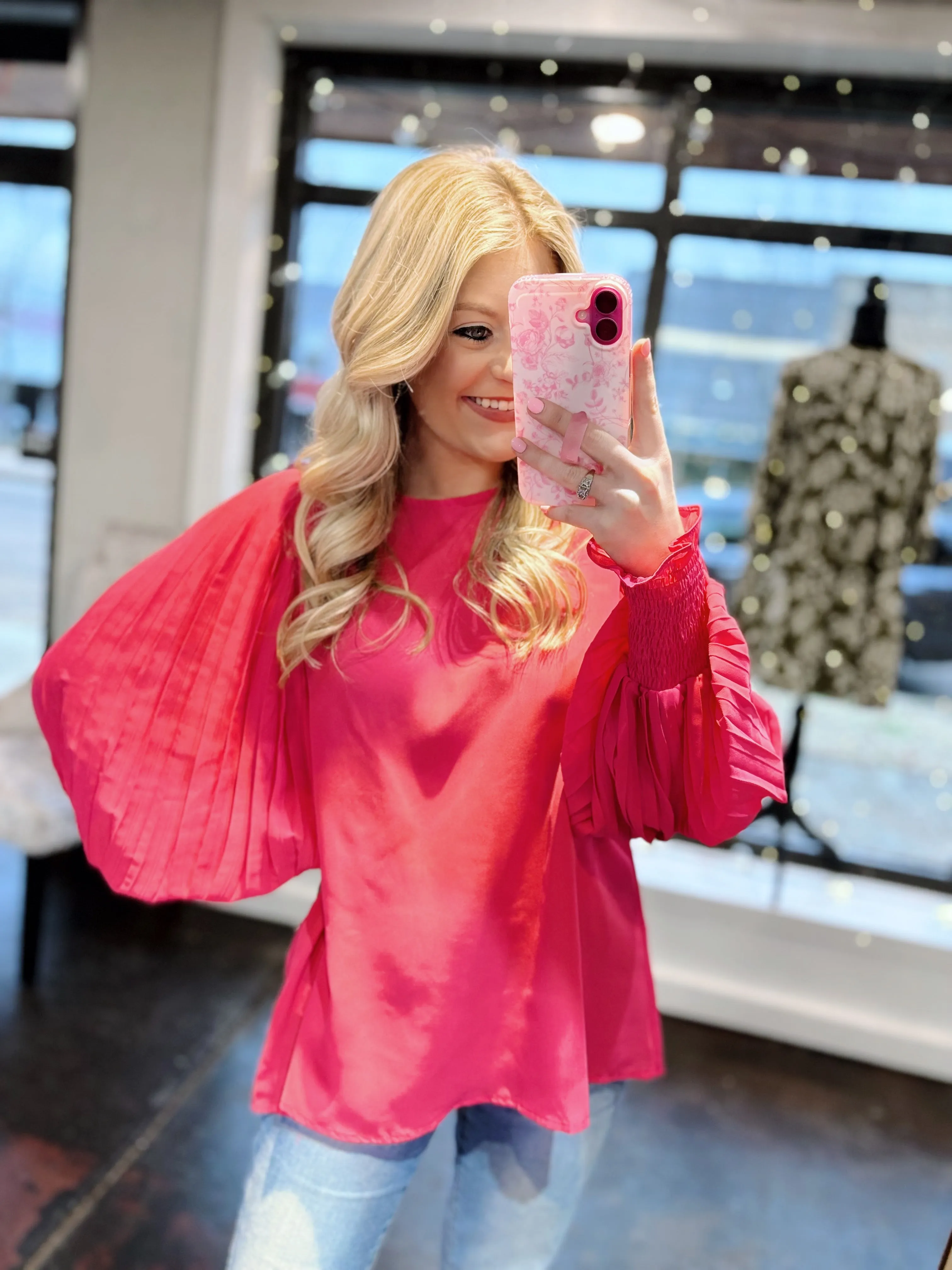 Fushia Pleated Balloon Sleeve Blouse