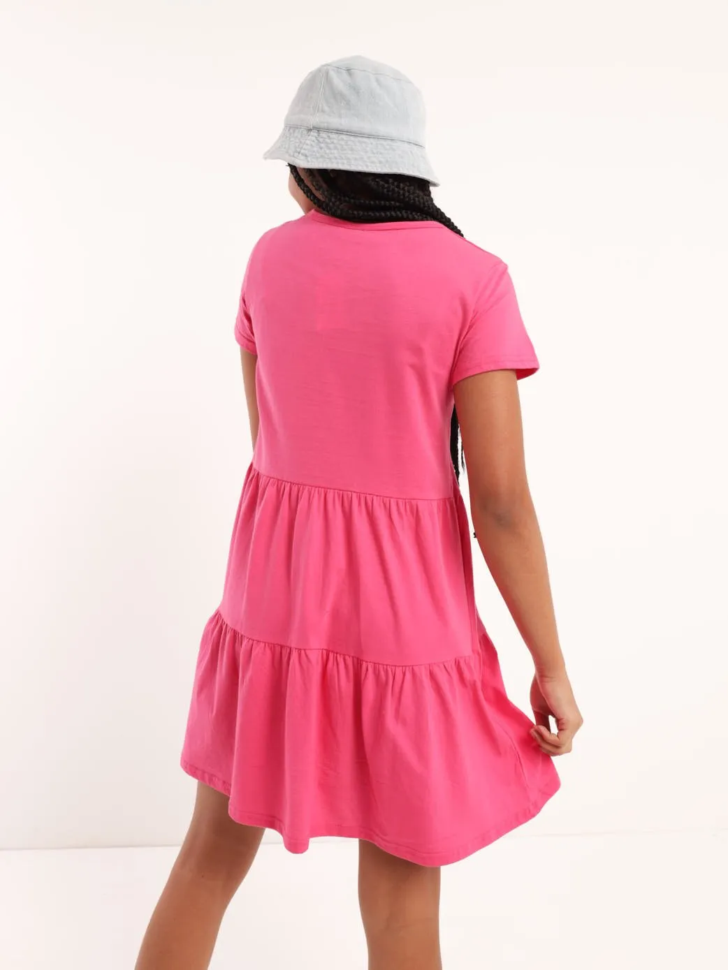 Girls 2 Tier Short Sleeve Dress - Cerise