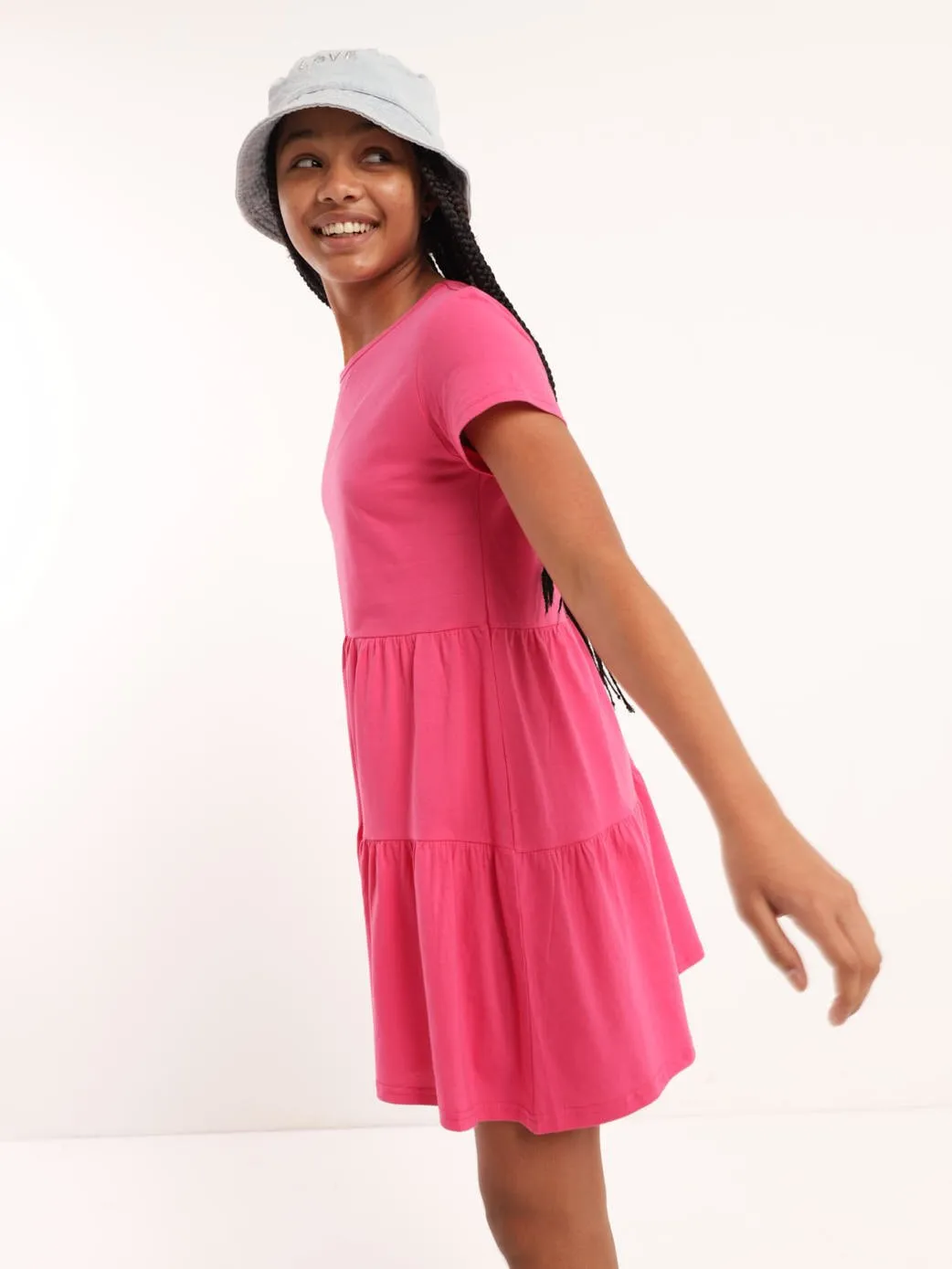 Girls 2 Tier Short Sleeve Dress - Cerise