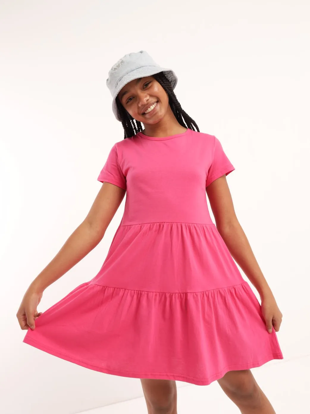 Girls 2 Tier Short Sleeve Dress - Cerise
