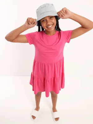 Girls 2 Tier Short Sleeve Dress - Cerise