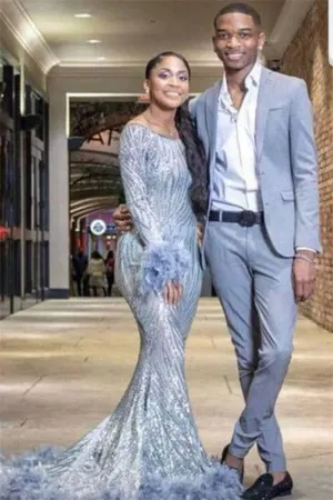 Grey Blue 2 Pieces Notched Lapel Men's Prom Suit