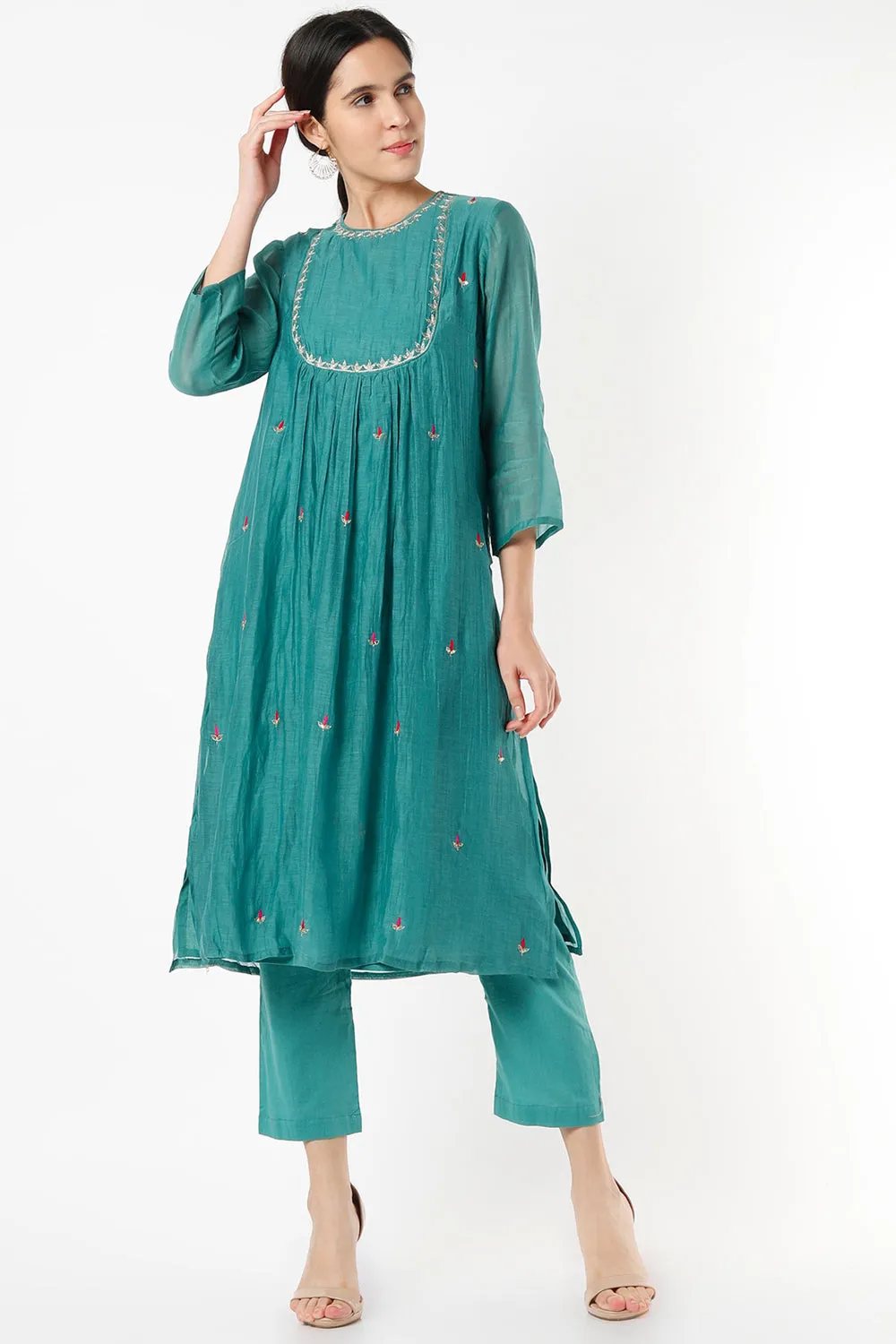 Handwoven Chanderi Kurta Set In Persian Green