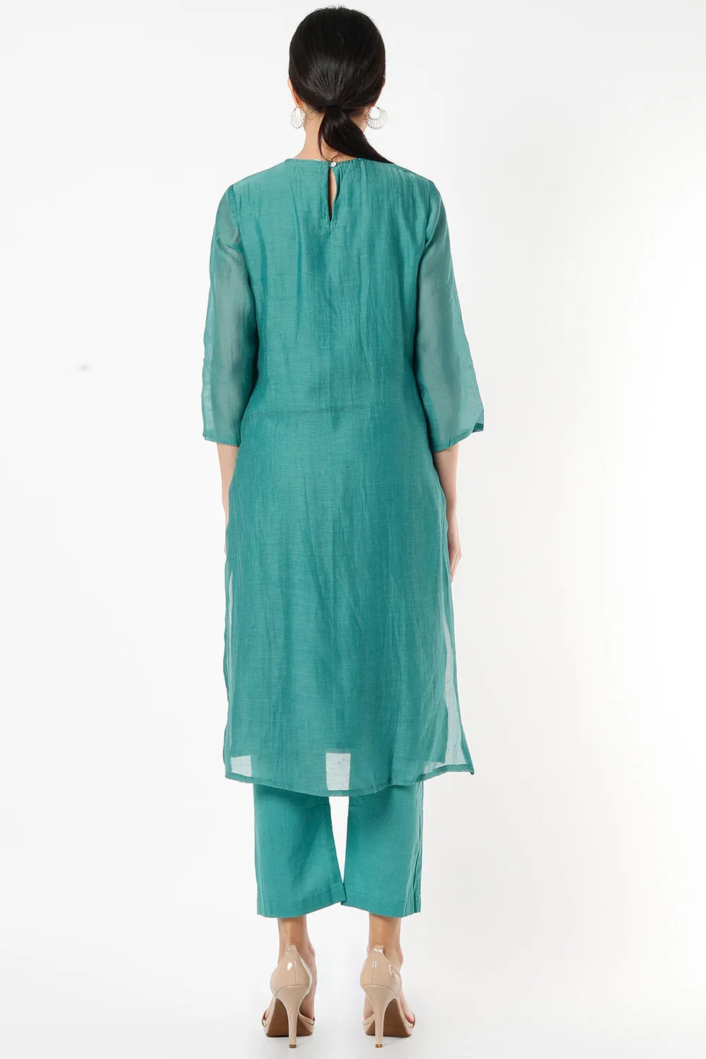 Handwoven Chanderi Kurta Set In Persian Green