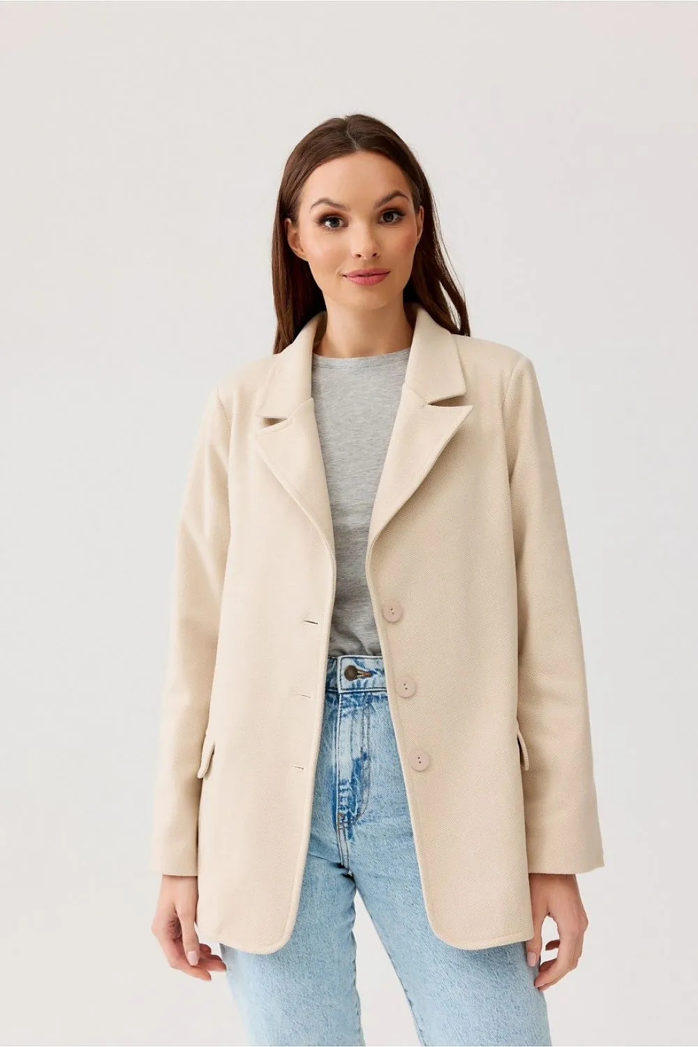 Herringbone Blazer with Button Detail