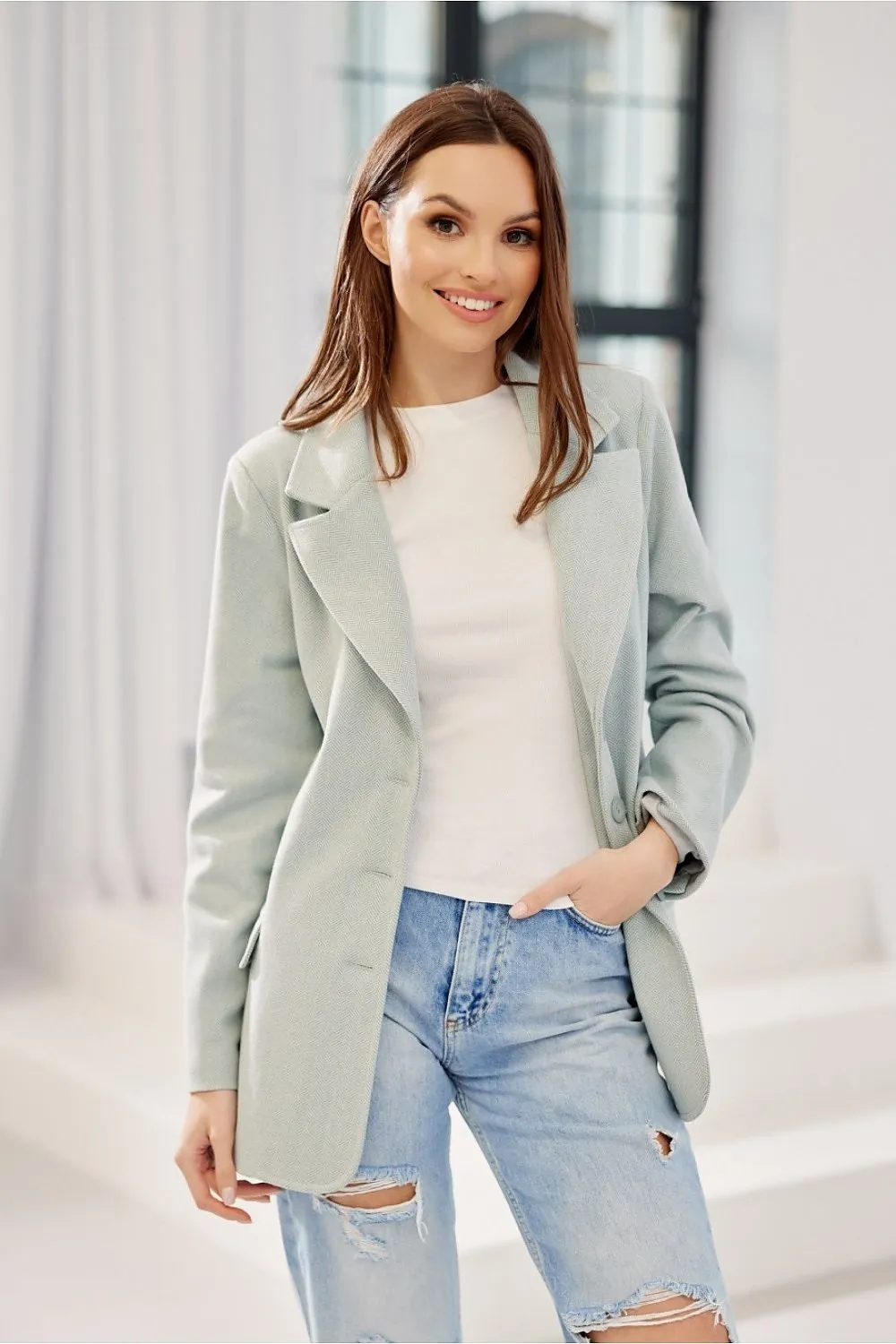 Herringbone Blazer with Button Detail