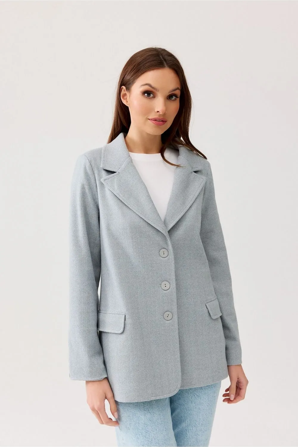 Herringbone Blazer with Button Detail