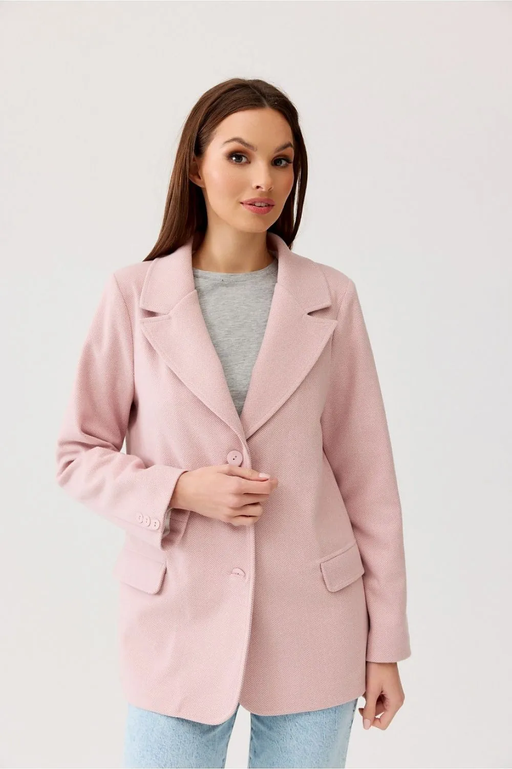 Herringbone Blazer with Button Detail
