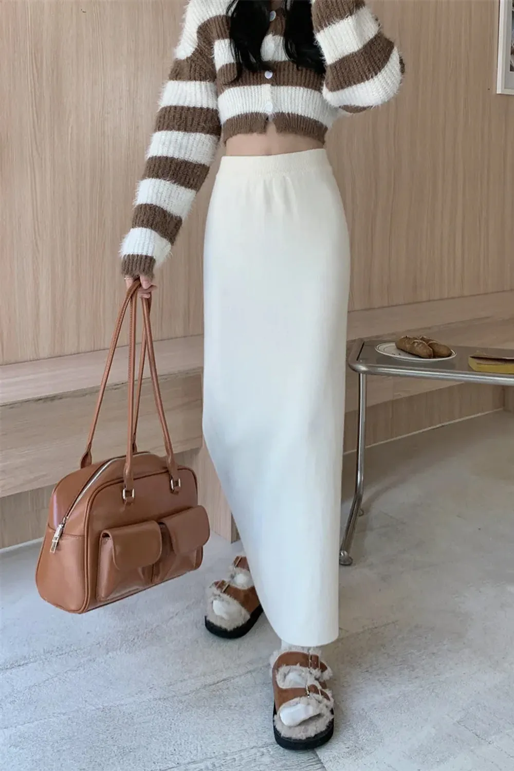 High Waist A-Line Knitted Ankle Length Skirts