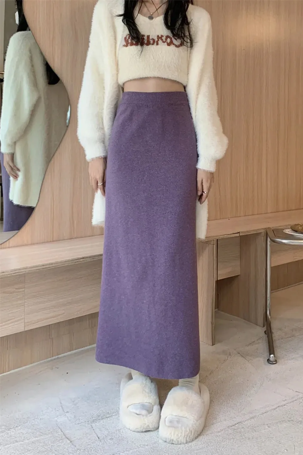 High Waist A-Line Knitted Ankle Length Skirts
