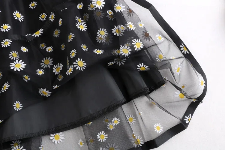 High Waist Daisy Flowers Pattern Mesh Long Skirts