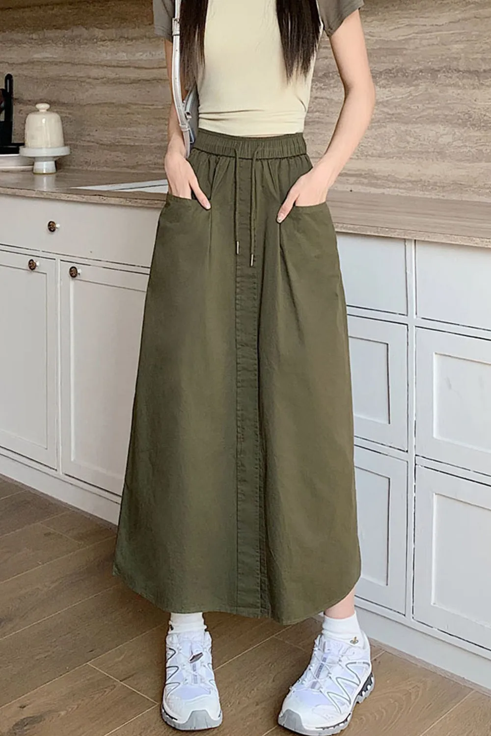 High Waist Front Pockets Long Slit Skirts