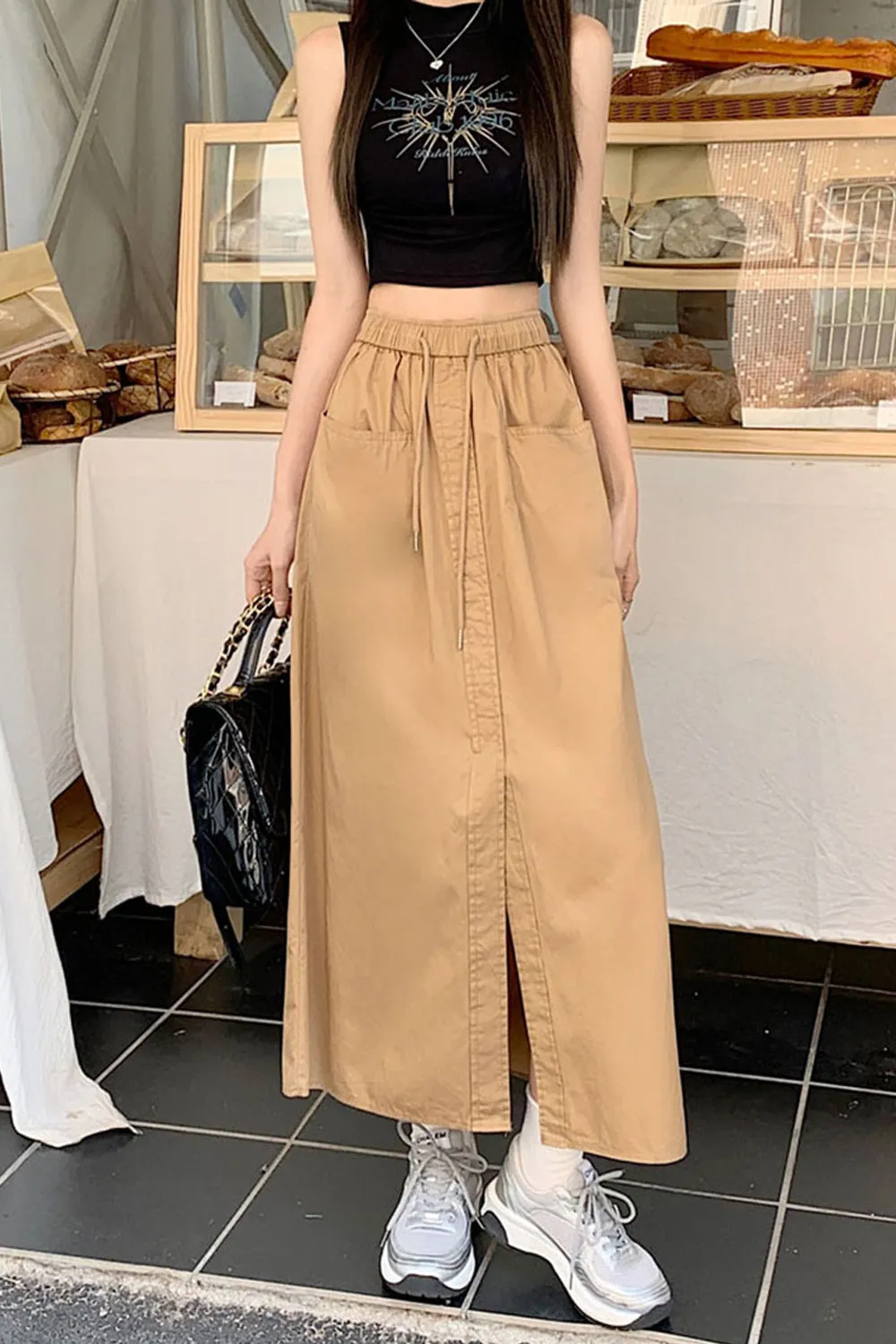 High Waist Front Pockets Long Slit Skirts