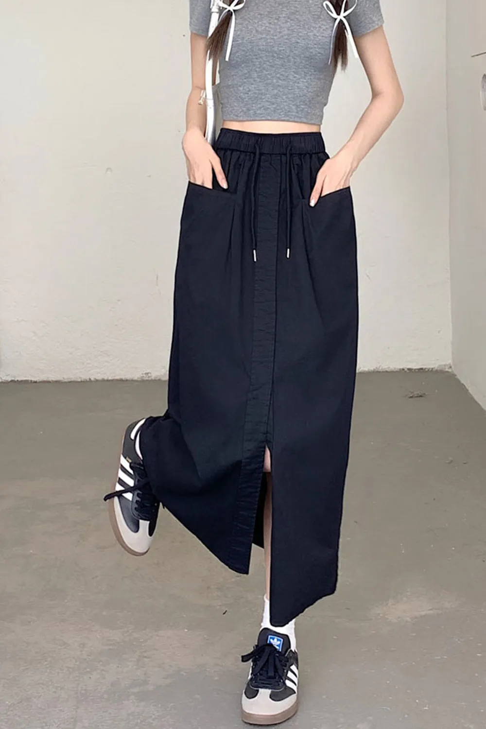 High Waist Front Pockets Long Slit Skirts