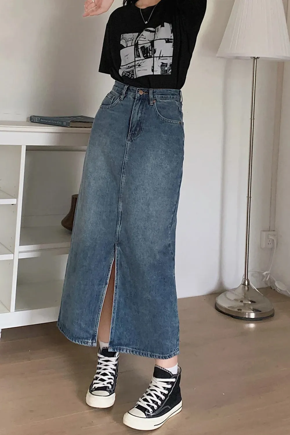 High Waist Front Split A-Line Denim Skirts