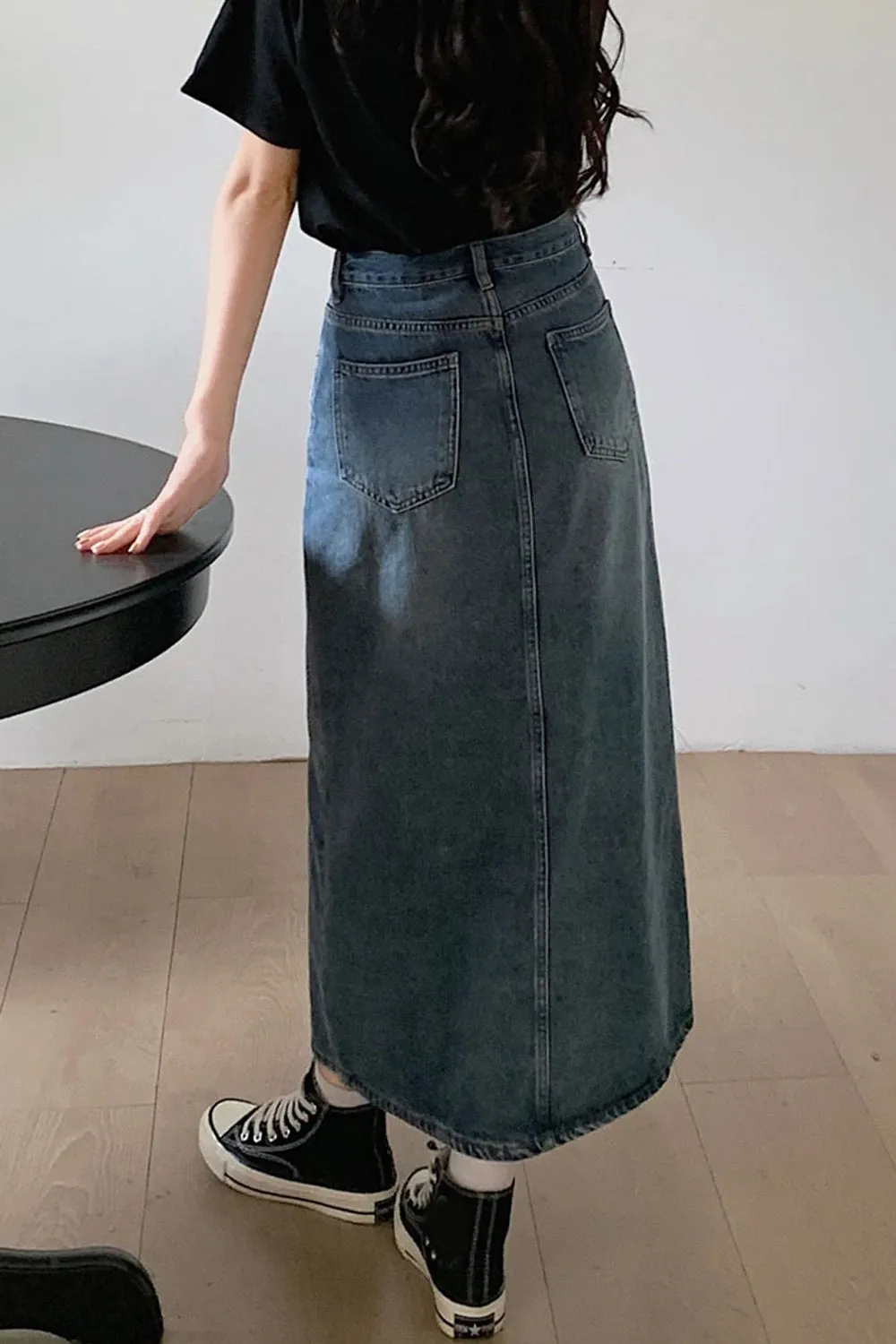 High Waist Front Split A-Line Denim Skirts