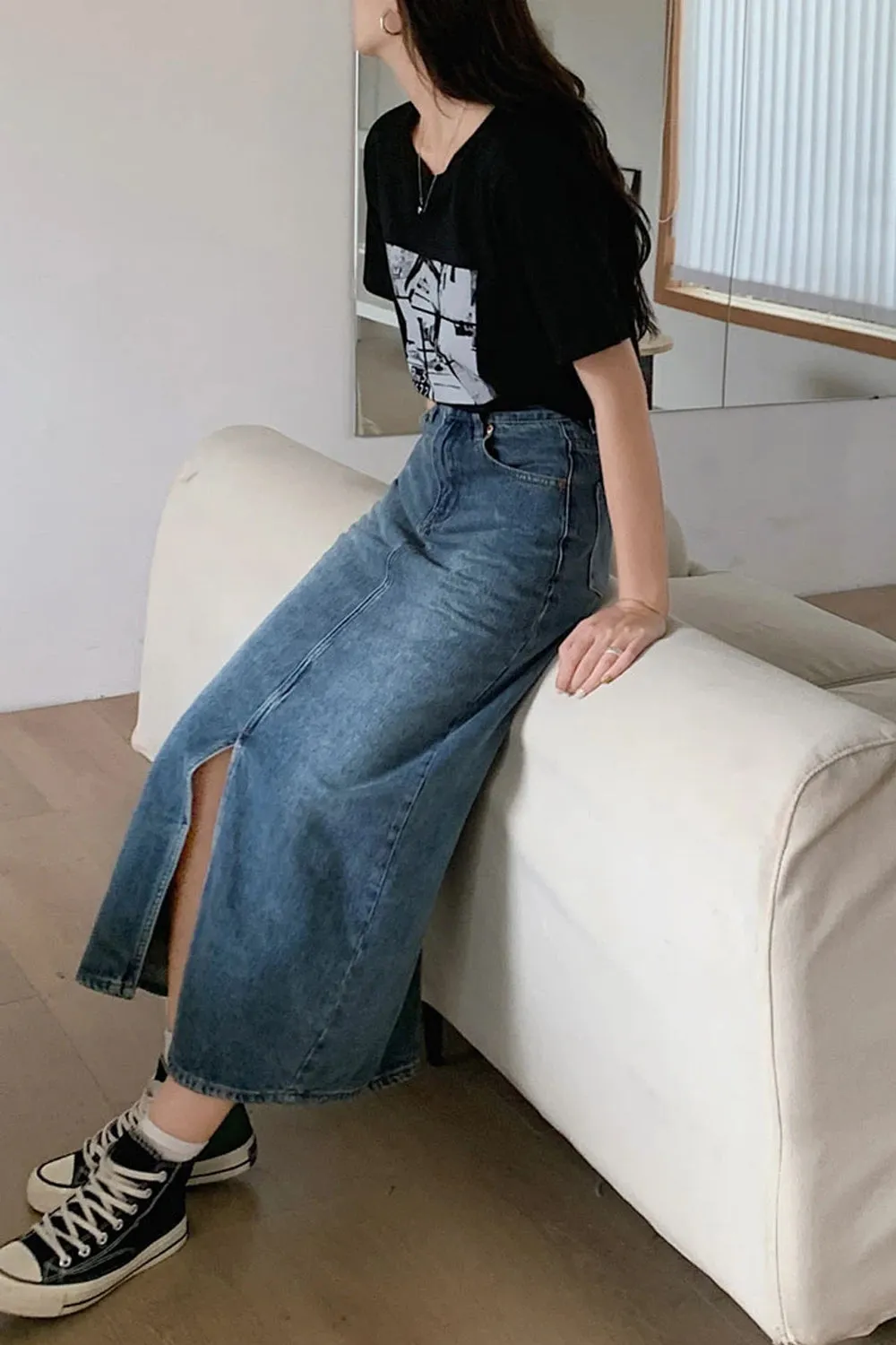 High Waist Front Split A-Line Denim Skirts