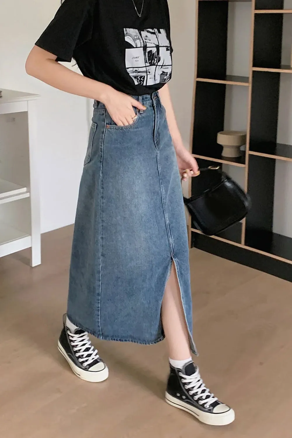 High Waist Front Split A-Line Denim Skirts