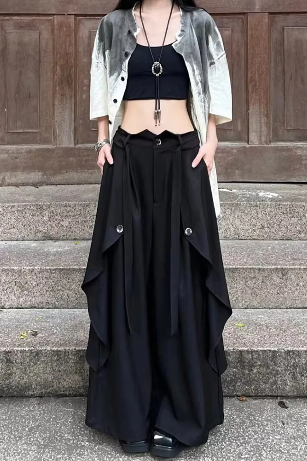 High Waist Irregular Layered Wide Leg Skirts Pants