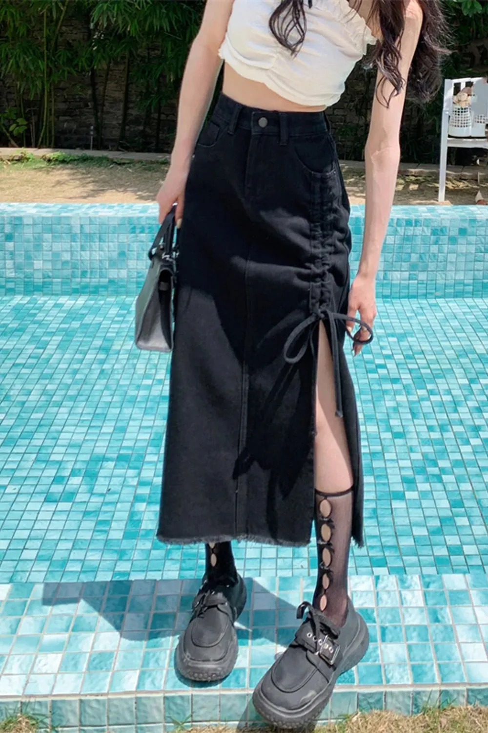 High Waist Ruched Split Long Jeans Skirts