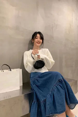 High Waist Ruffles A-Line Long Denim Skirt