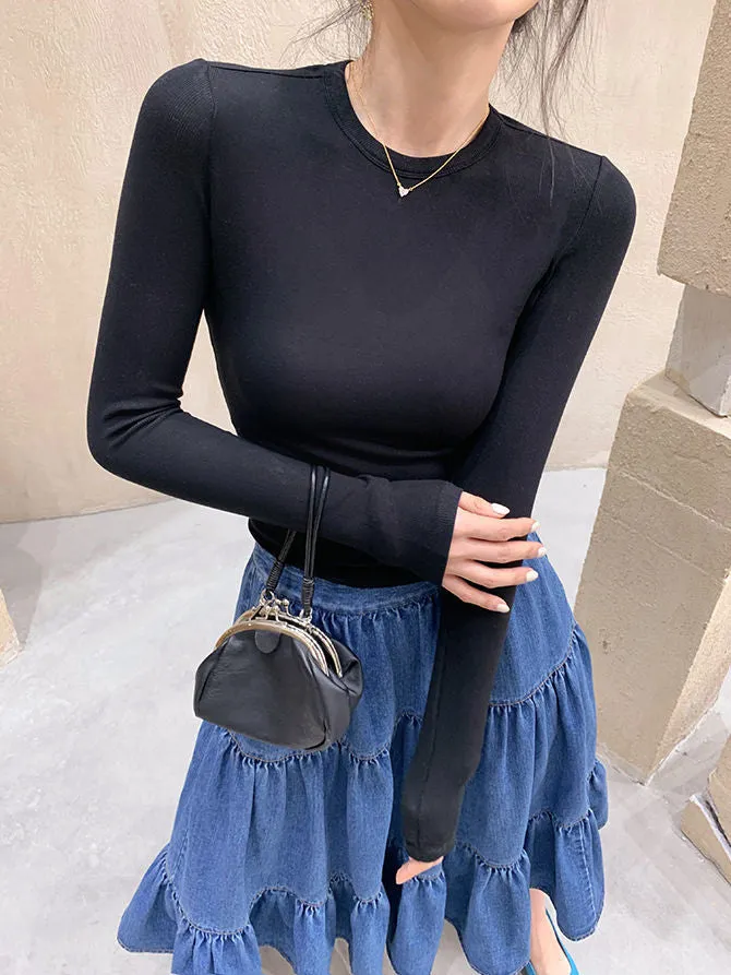 High Waist Ruffles A-Line Long Denim Skirt