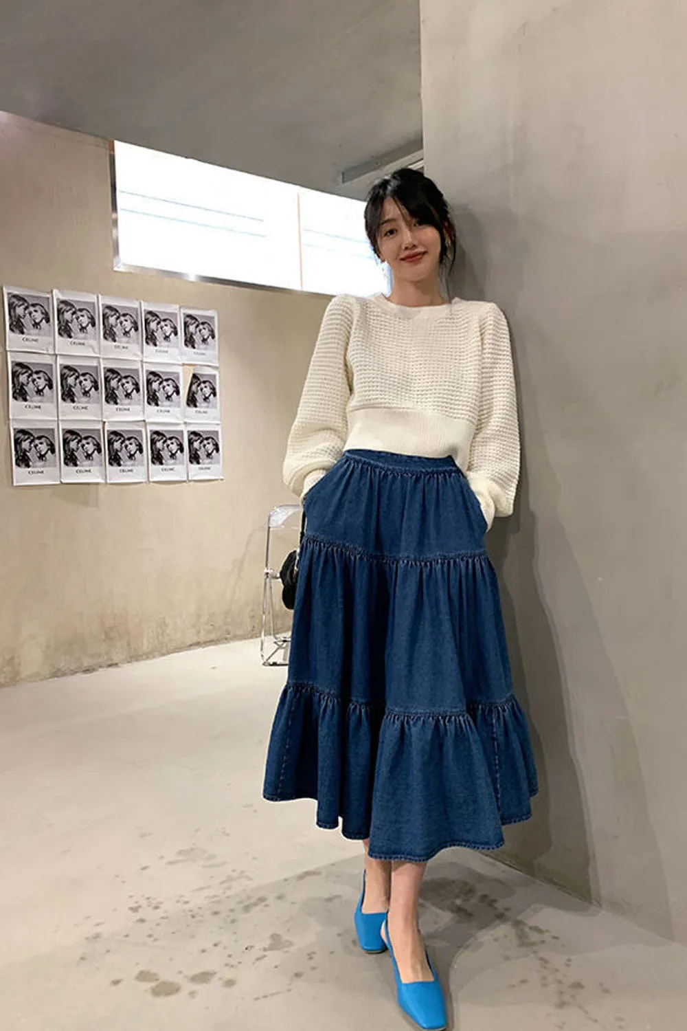 High Waist Ruffles A-Line Long Denim Skirt