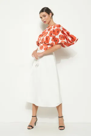 High Waist Satin Waist tie Flared Midi Skirt (White)