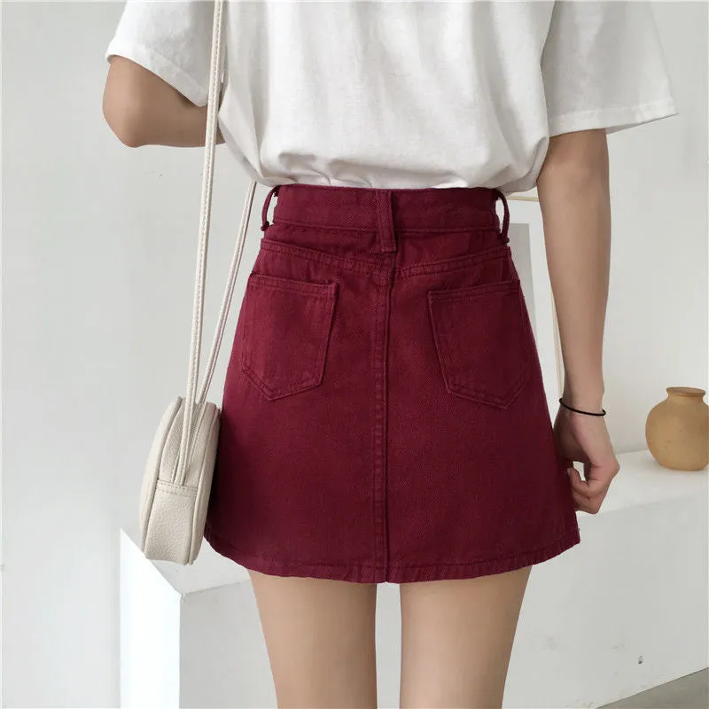 High Waist Solid A-Line Burgundy Skirt