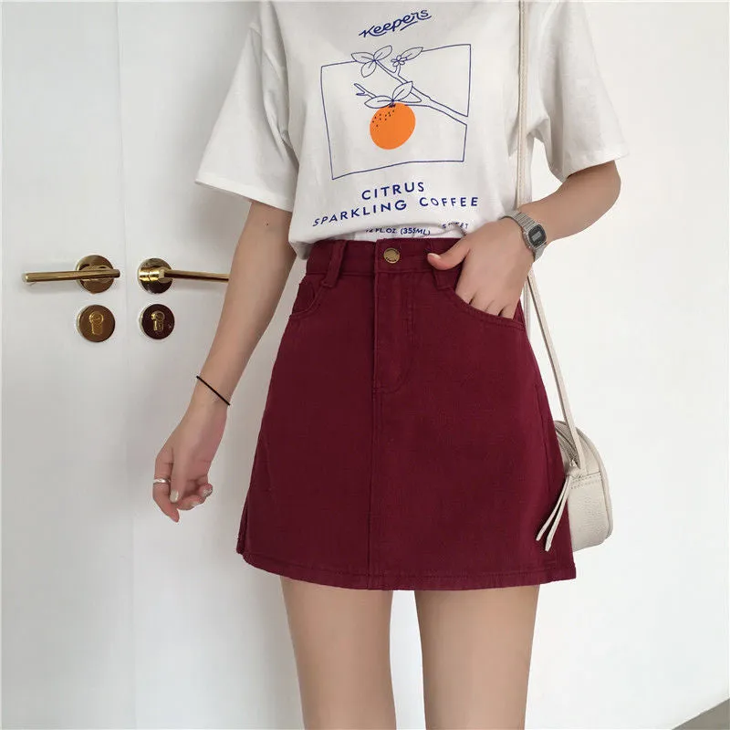 High Waist Solid A-Line Burgundy Skirt