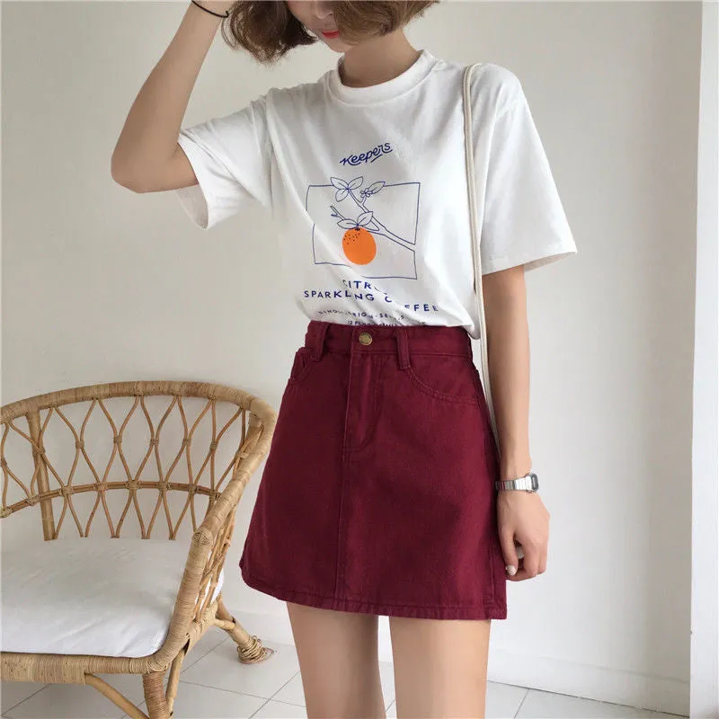 High Waist Solid A-Line Burgundy Skirt