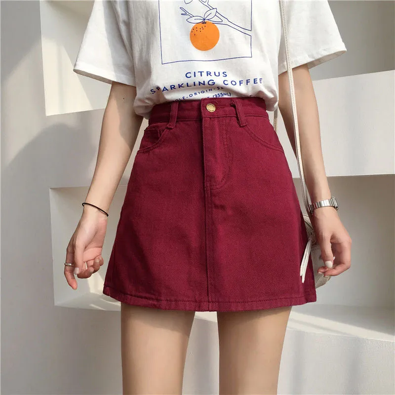High Waist Solid A-Line Burgundy Skirt