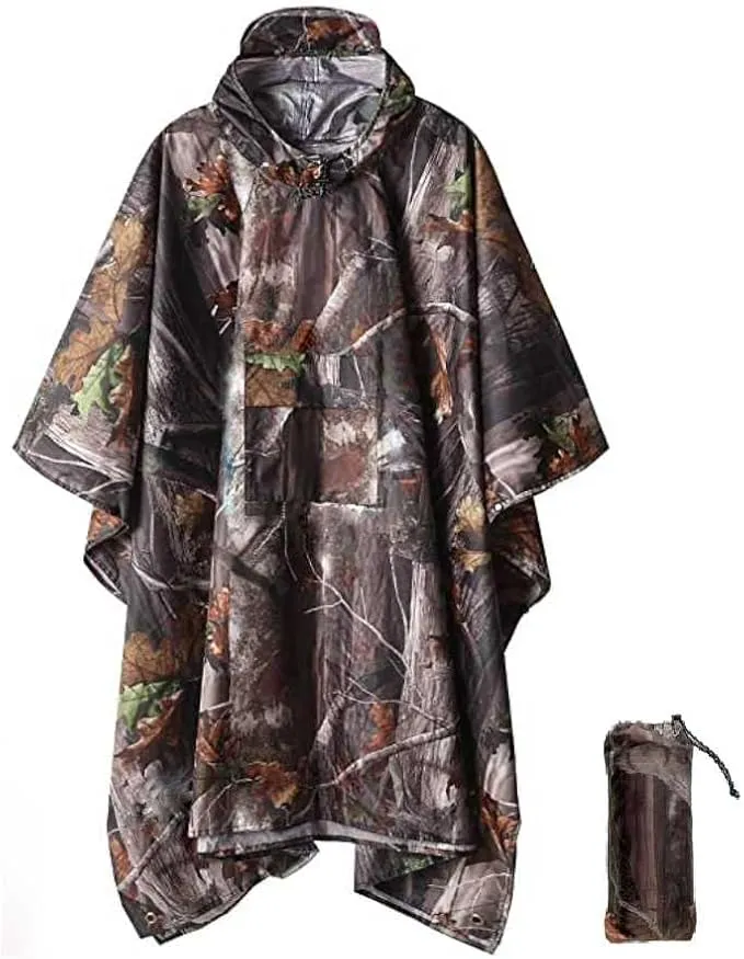 Hooded Rain Poncho Waterproof Raincoat Jacket for Men Women Adults, Military Poncho for Outdoor Activities Camping Fishing