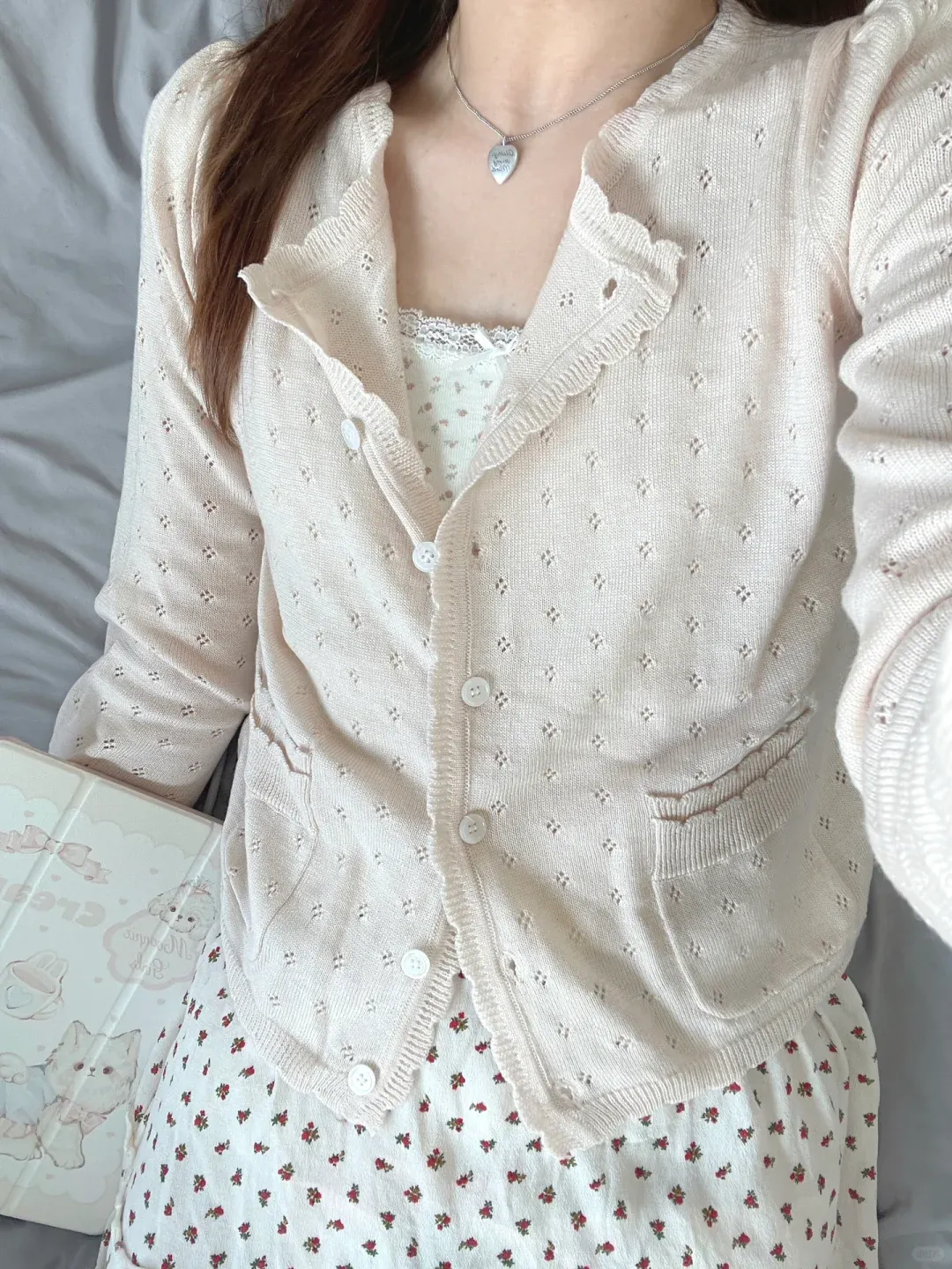 JazzHer Beige Hollow Long Sleeve Knitted Cardigan Top For Women Autumn Spring Sweet Thin Sweater Wave Trim Pocket O Neck Chic Jackets