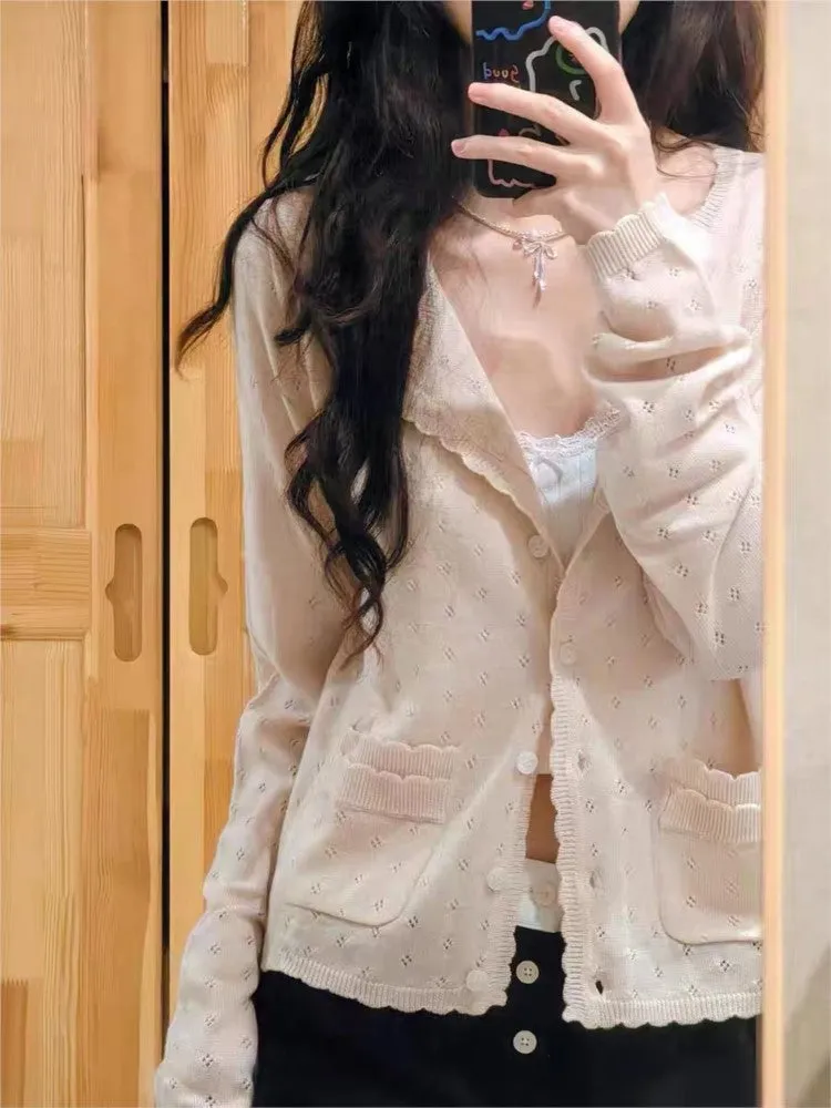 JazzHer Beige Hollow Long Sleeve Knitted Cardigan Top For Women Autumn Spring Sweet Thin Sweater Wave Trim Pocket O Neck Chic Jackets