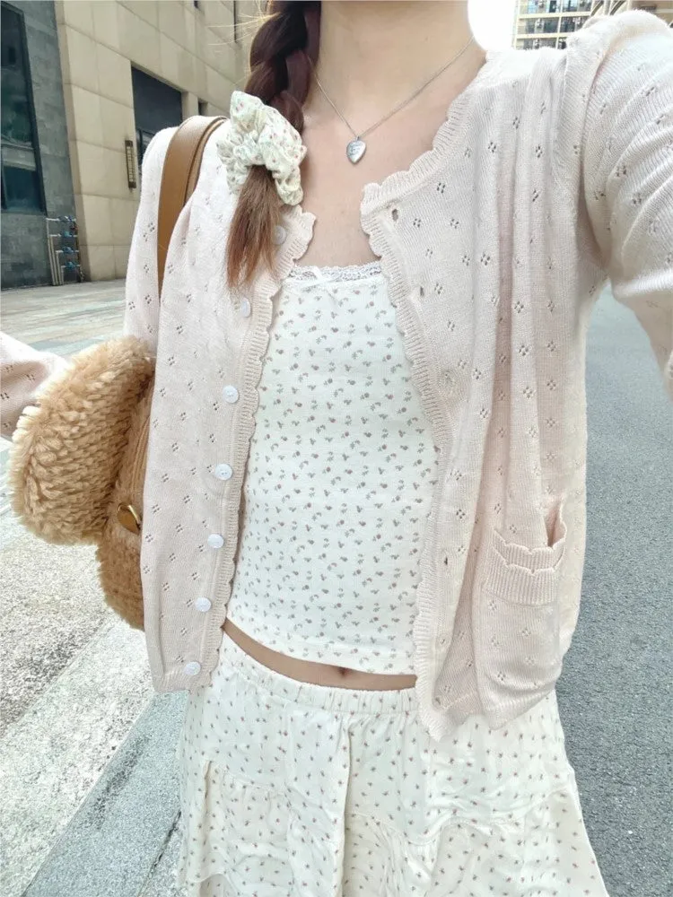JazzHer Beige Hollow Long Sleeve Knitted Cardigan Top For Women Autumn Spring Sweet Thin Sweater Wave Trim Pocket O Neck Chic Jackets