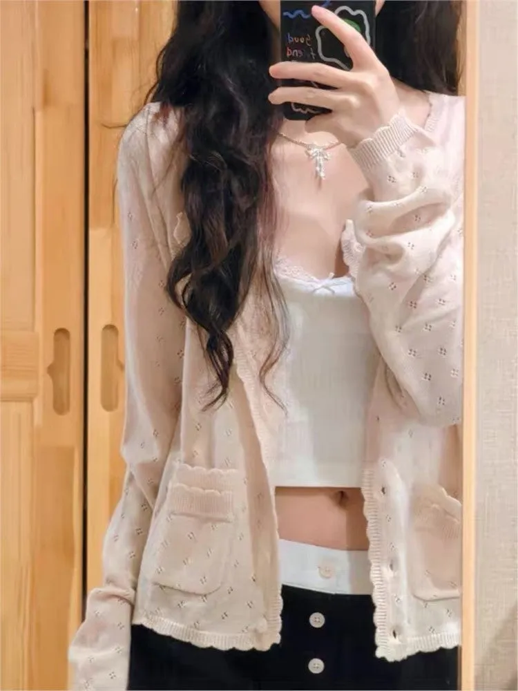 JazzHer Beige Hollow Long Sleeve Knitted Cardigan Top For Women Autumn Spring Sweet Thin Sweater Wave Trim Pocket O Neck Chic Jackets