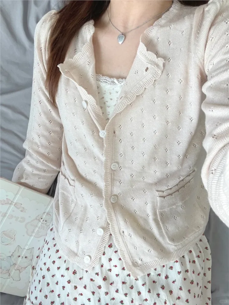 JazzHer Beige Hollow Long Sleeve Knitted Cardigan Top For Women Autumn Spring Sweet Thin Sweater Wave Trim Pocket O Neck Chic Jackets