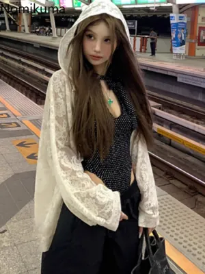 JazzHer Hooded Lace Jackets for Women Fashion Summer Long Sleeve Oversized Coat Thin Y2k Tops Korean See Through Outwear 2025 Ropa Mujer