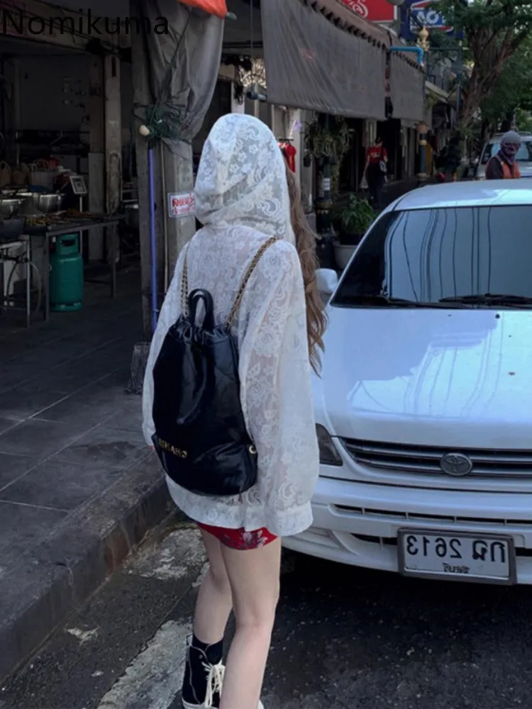 JazzHer Hooded Lace Jackets for Women Fashion Summer Long Sleeve Oversized Coat Thin Y2k Tops Korean See Through Outwear 2025 Ropa Mujer
