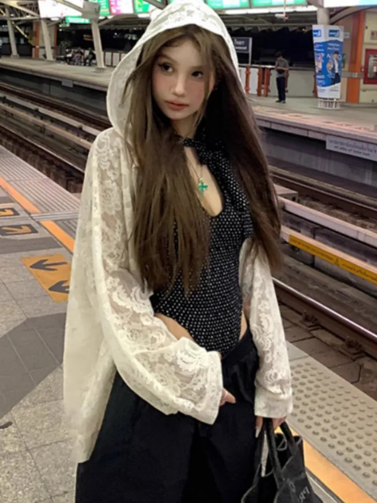JazzHer Hooded Lace Jackets for Women Fashion Summer Long Sleeve Oversized Coat Thin Y2k Tops Korean See Through Outwear 2025 Ropa Mujer