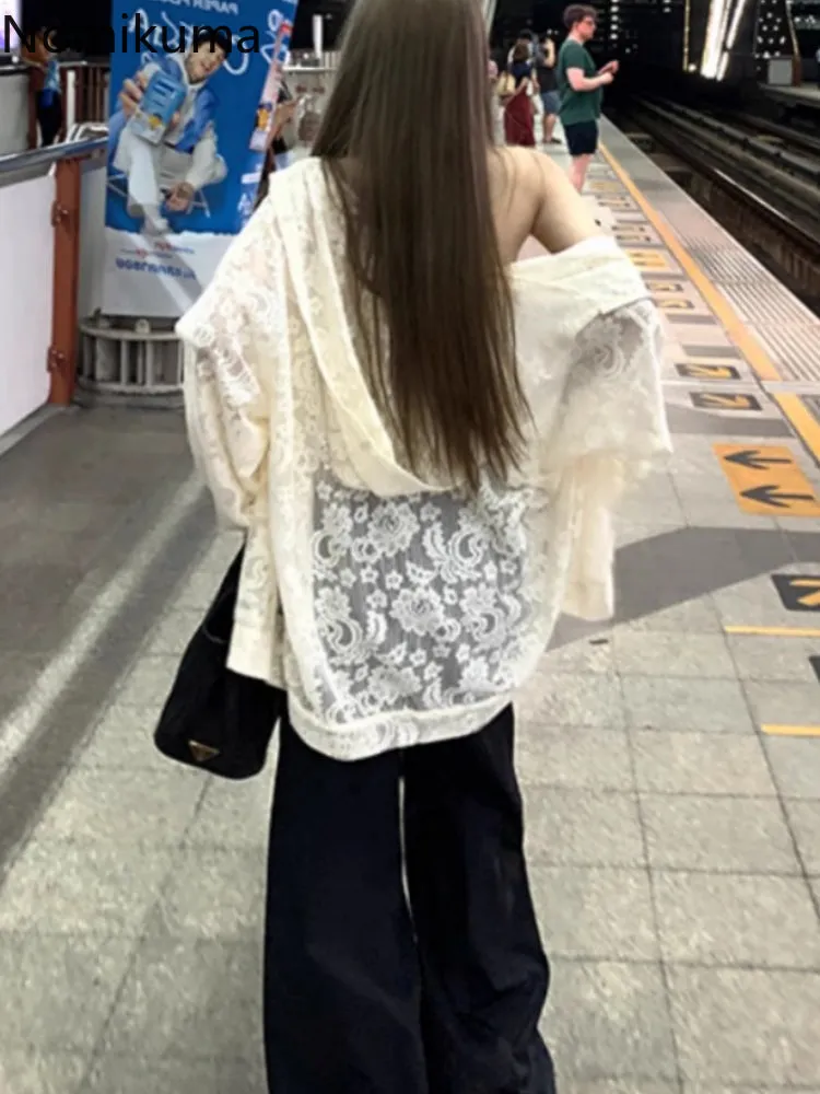 JazzHer Hooded Lace Jackets for Women Fashion Summer Long Sleeve Oversized Coat Thin Y2k Tops Korean See Through Outwear 2025 Ropa Mujer