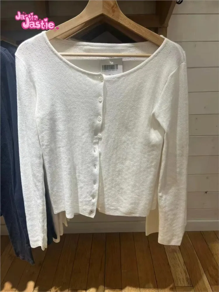 JazzHer White Eyelets O Neck Knitting Cardigan Jacket For Women Spring Autumn Slim Thin Sweater Hollow Out Solid Sweet Chic Outerwears