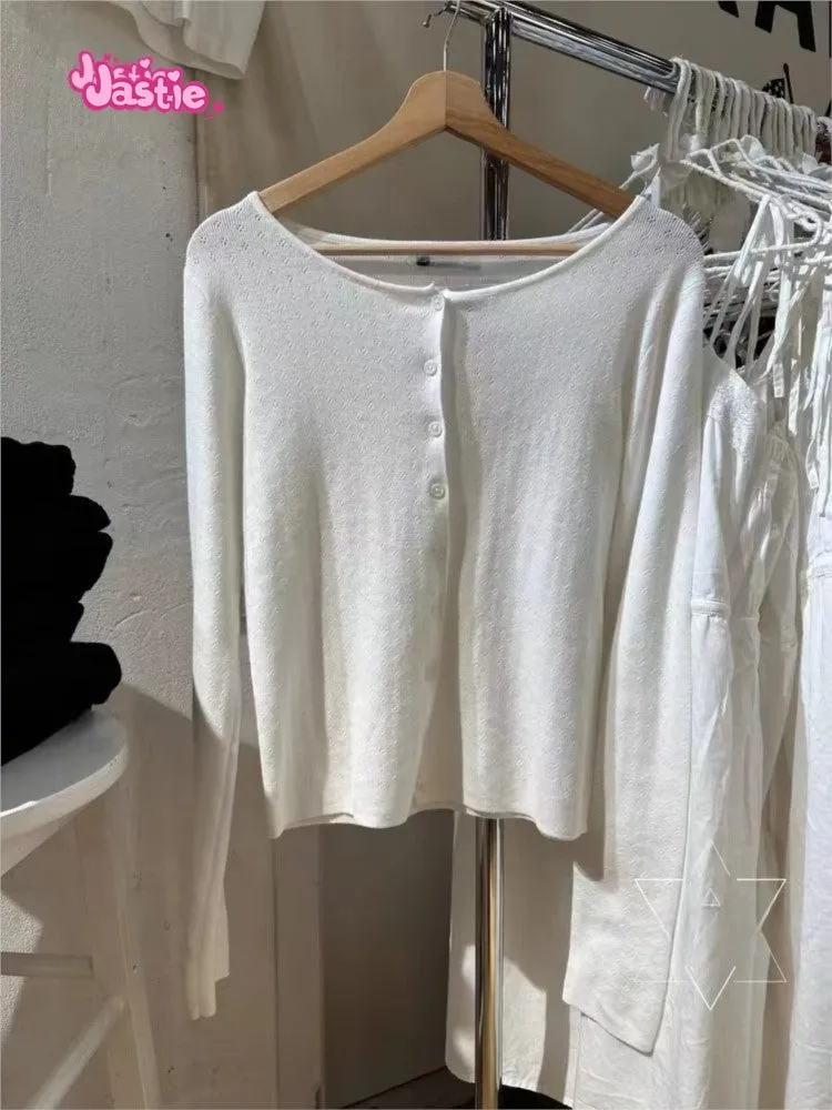 JazzHer White Eyelets O Neck Knitting Cardigan Jacket For Women Spring Autumn Slim Thin Sweater Hollow Out Solid Sweet Chic Outerwears