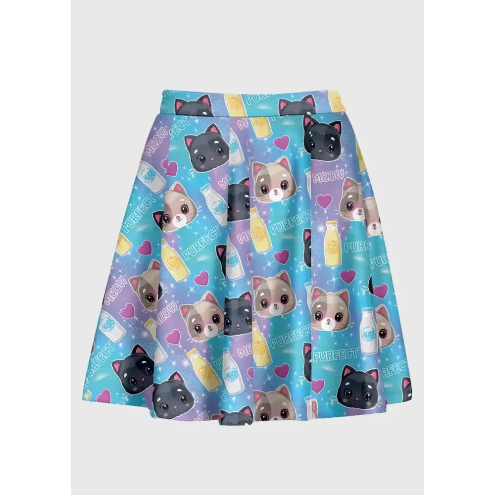 Kawaii Cartoon Cat Skirt with Adorable Cat and Milk Patterns