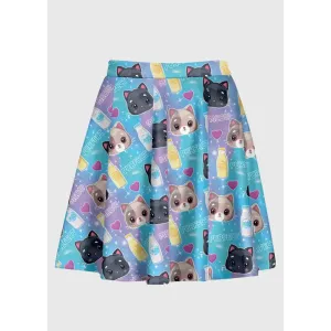 Kawaii Cartoon Cat Skirt with Adorable Cat and Milk Patterns